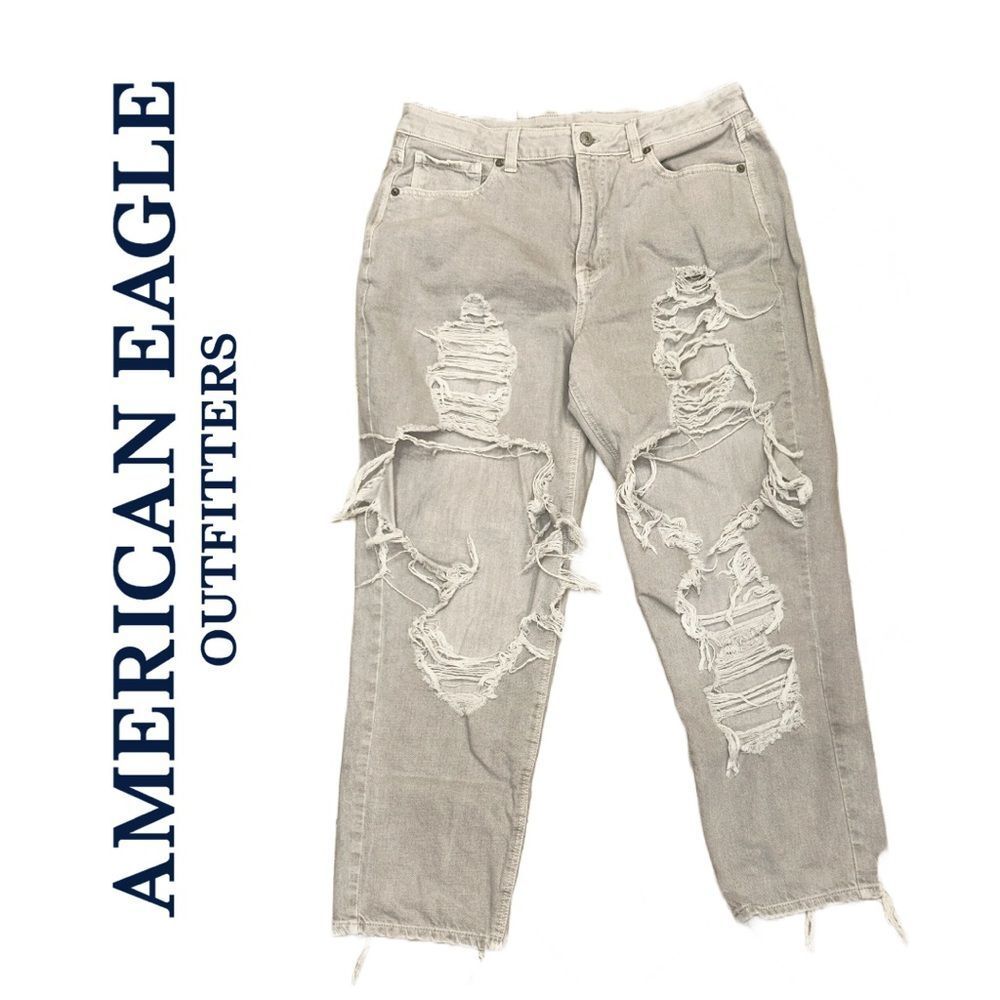 American Eagle Outfitters Distressed Light Gray Wash Mom Jeans - Size 16 Regular